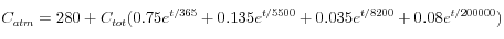 C_{atm} = 280 + C_{tot}(0.75e^{t/365} + 0.135e^{t/5500} + 0.035e^{t/8200} + 0.08e^{t/200000})